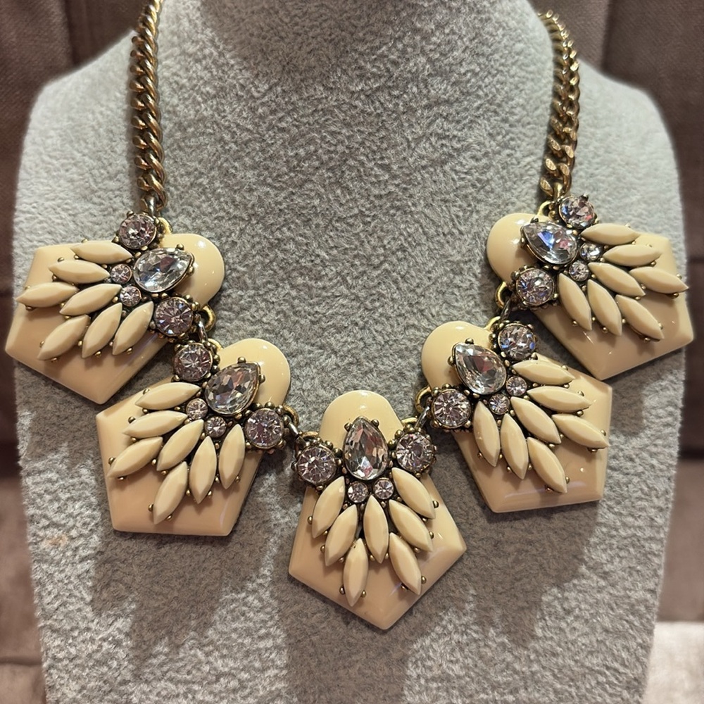 J. Crew Cream and Gold Statement Necklace with Geometric Design 17-19” Vintage